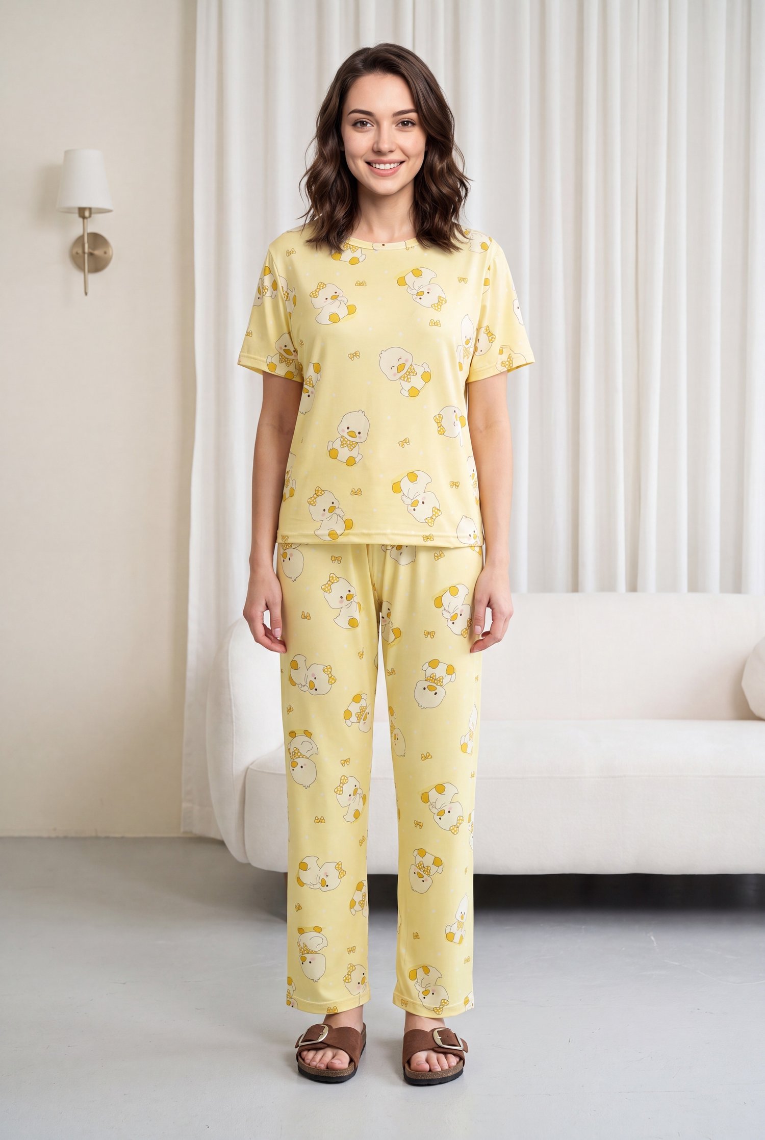 Ördek Desenli Bisiklet Yaka Kısa Kol Penye Pijama Takımı -Sarı