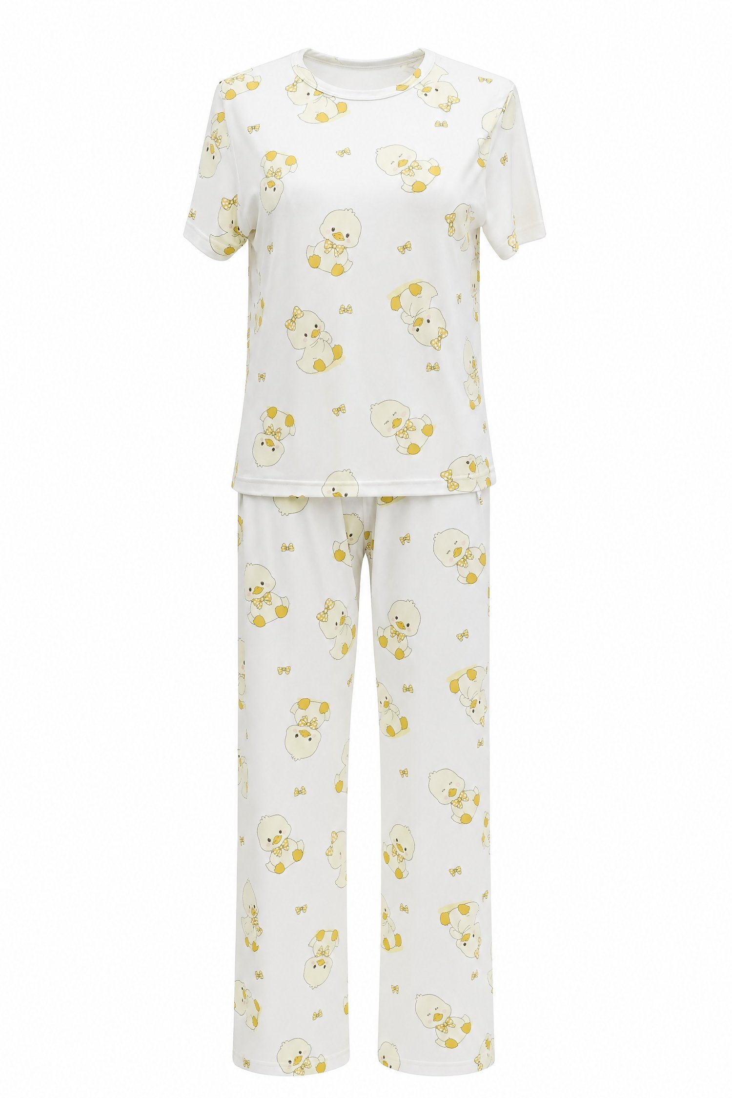 Ördek Desenli Bisiklet Yaka Kısa Kol Penye Pijama Takımı -Ekru