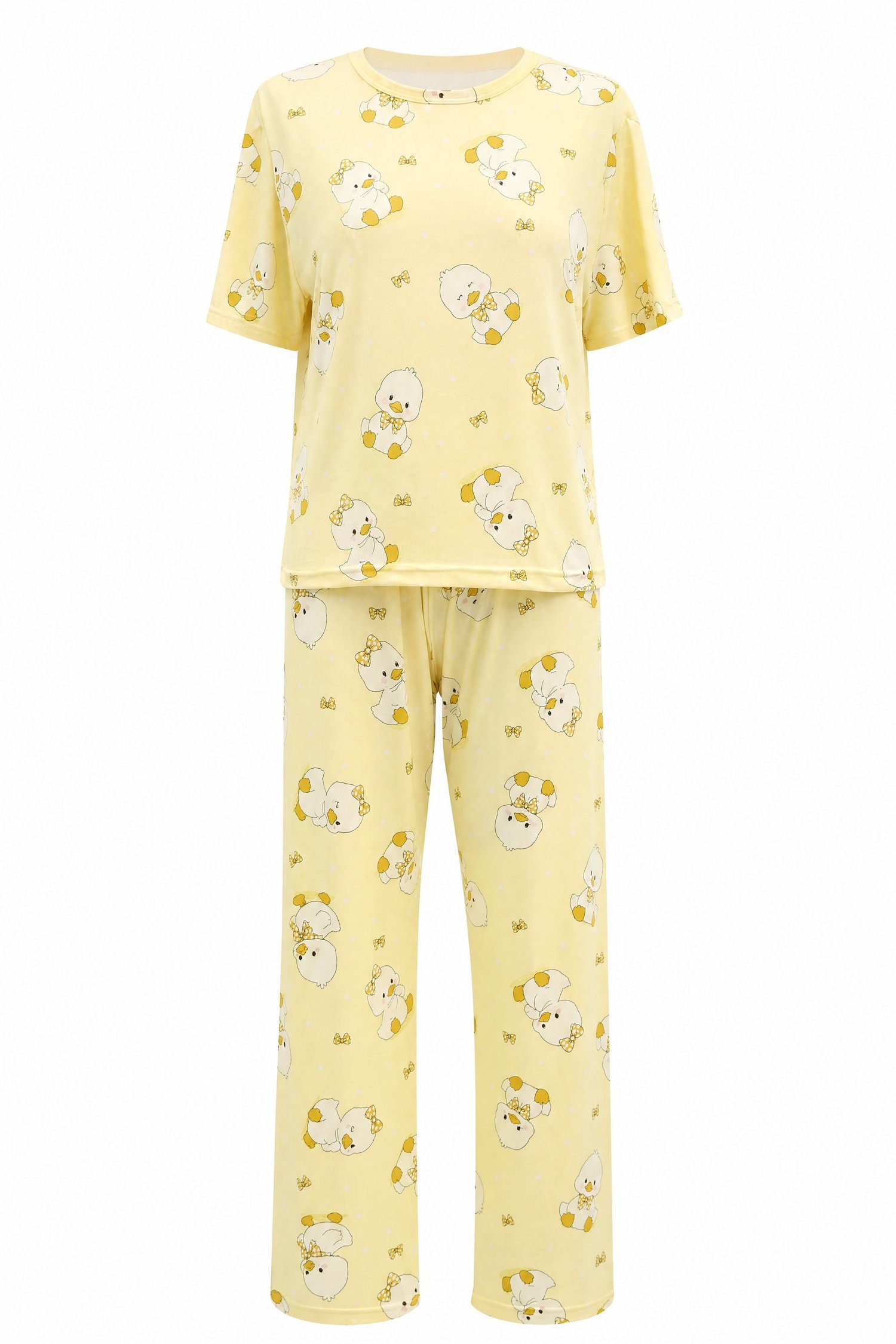 Ördek Desenli Bisiklet Yaka Kısa Kol Penye Pijama Takımı -Sarı