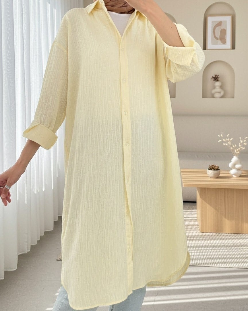 Oval Kesim Karaş Uzun Salaş Tunik -Açık Sarı