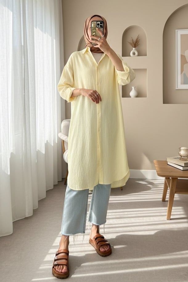 Oval Kesim Karaş Uzun Salaş Tunik -Açık Sarı