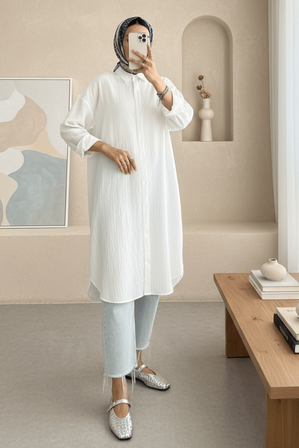 Oval Kesim Karaş Uzun Salaş Tunik -Beyaz