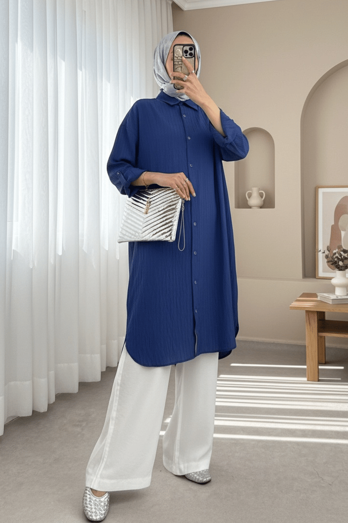 Oval Kesim Karaş Uzun Salaş Tunik -İndigo