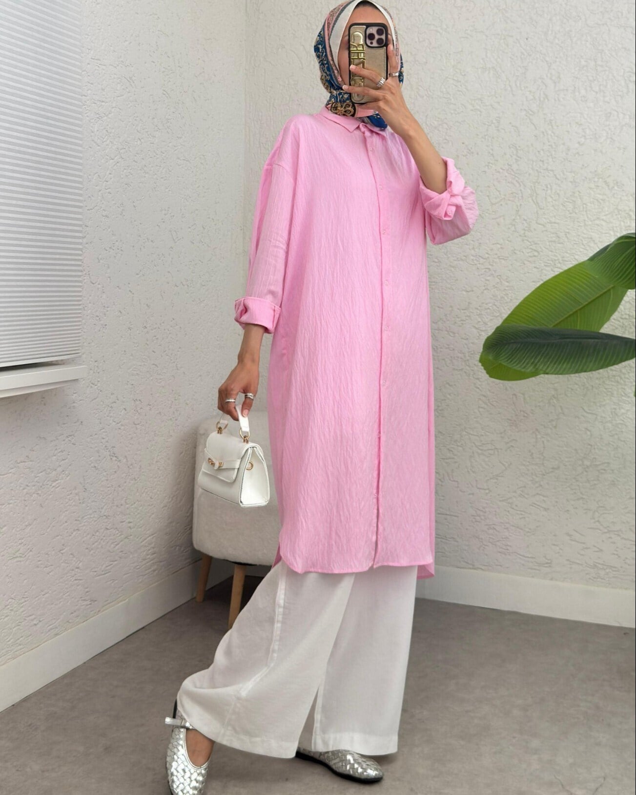 Oval Kesim Karaş Uzun Salaş Tunik -Pembe
