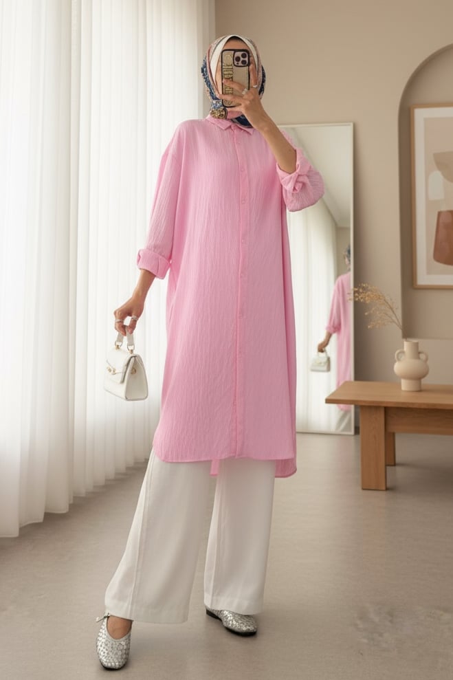 Oval Kesim Karaş Uzun Salaş Tunik -Pembe