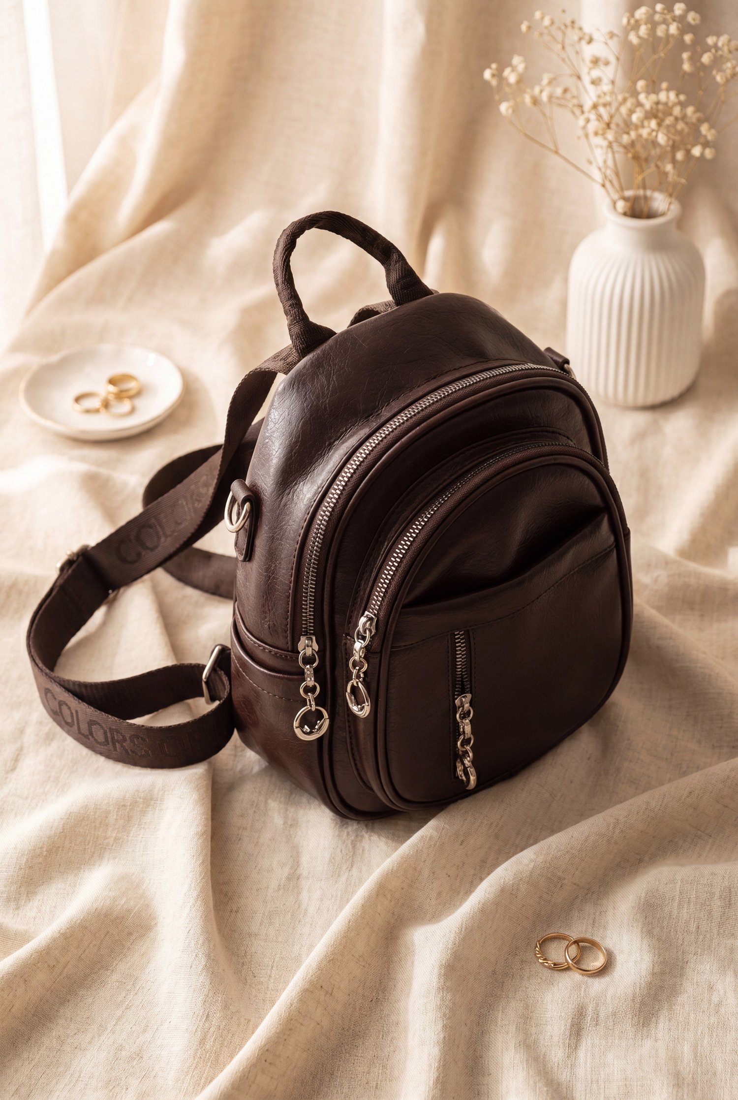Oval Tasarım Dokuma Askılı Çok Bölmeli  Kadın Sırt Çantası -Koyu Kahverengi