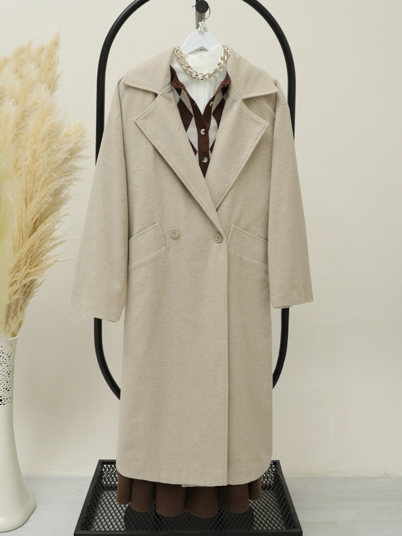 Oversize Torba Cepli Astarlı Kaşe Kaban -Taş
