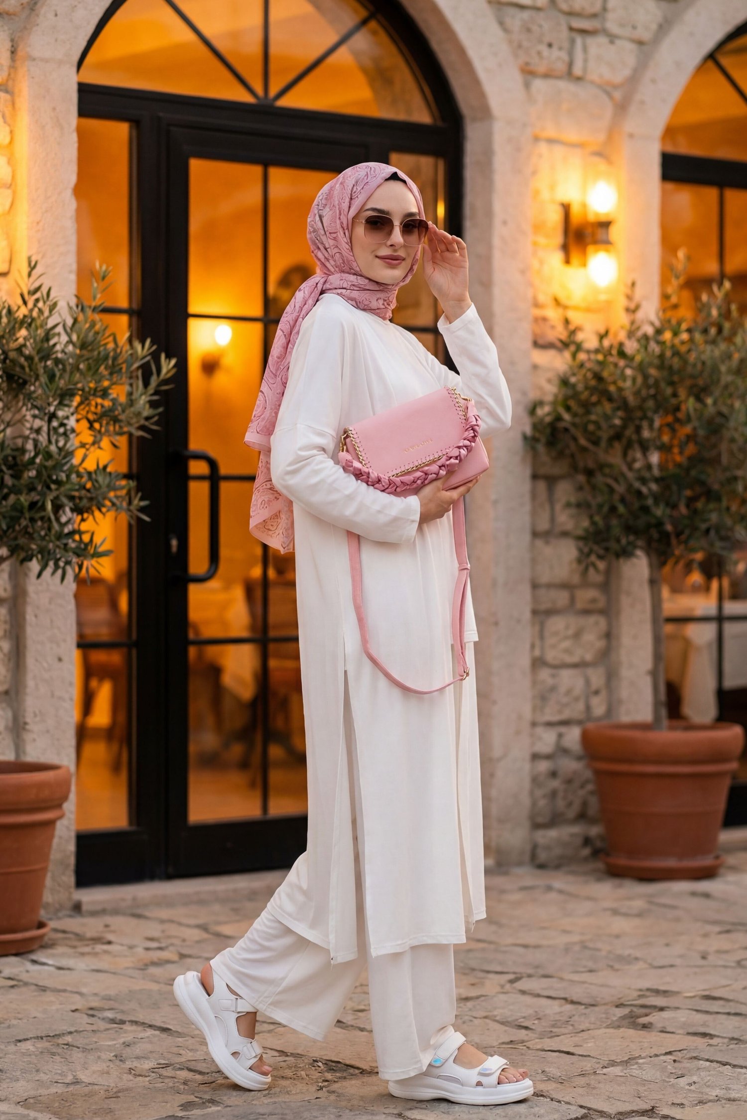 Pantolonu Cepli Likralı Oversize Üçlü Sendy Takım  -Beyaz