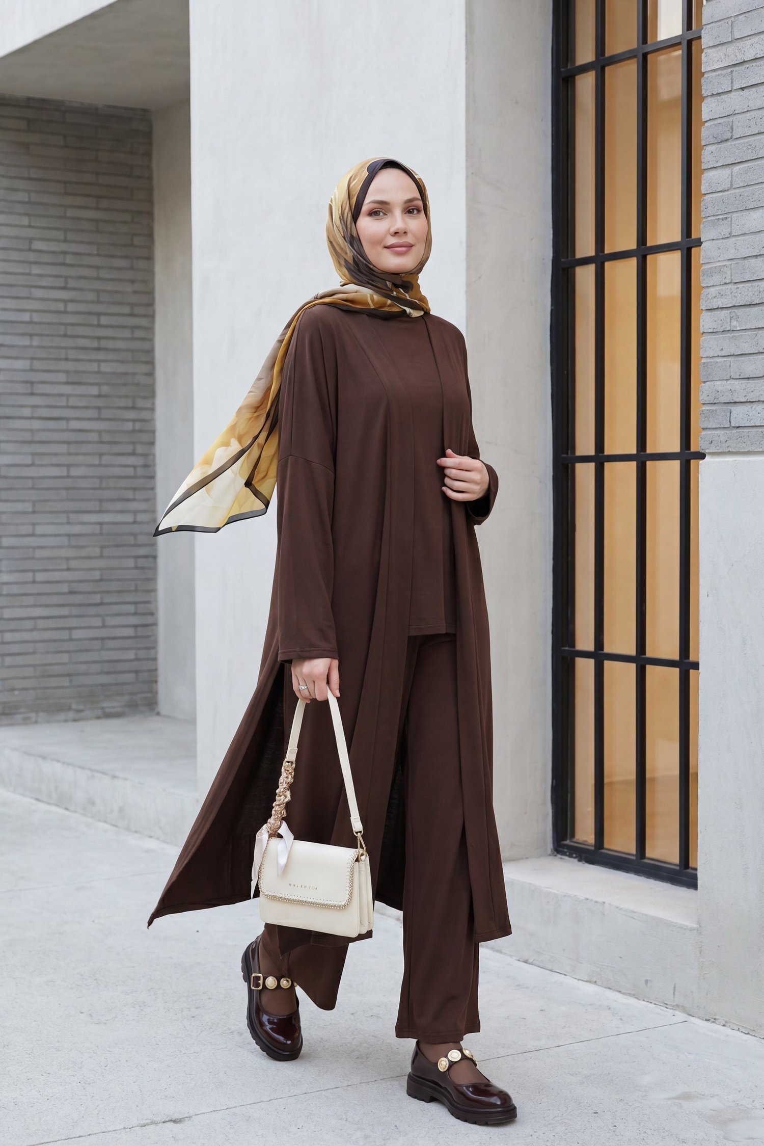 Pantolonu Cepli Likralı Oversize Üçlü Sendy Takım  -Kahverengi