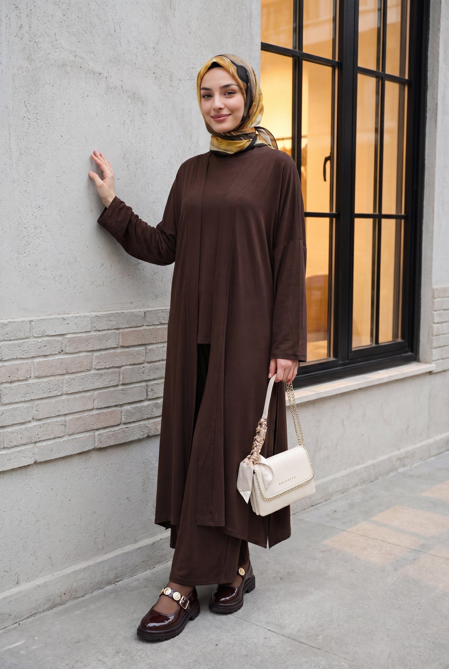 Pantolonu Cepli Likralı Oversize Üçlü Sendy Takım  -Kahverengi