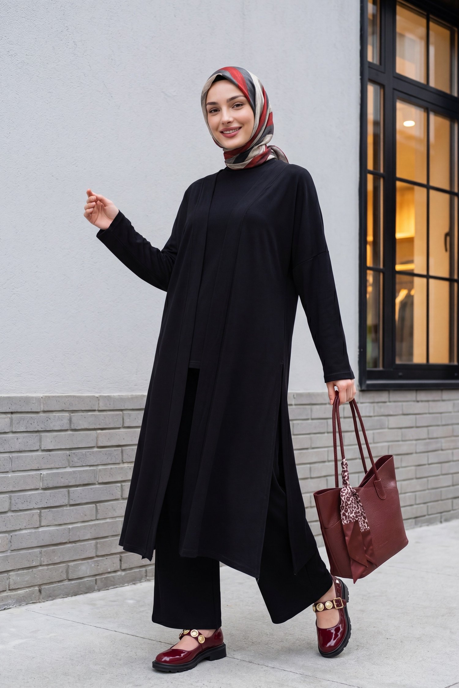 Pantolonu Cepli Likralı Oversize Üçlü Sendy Takım  -Siyah