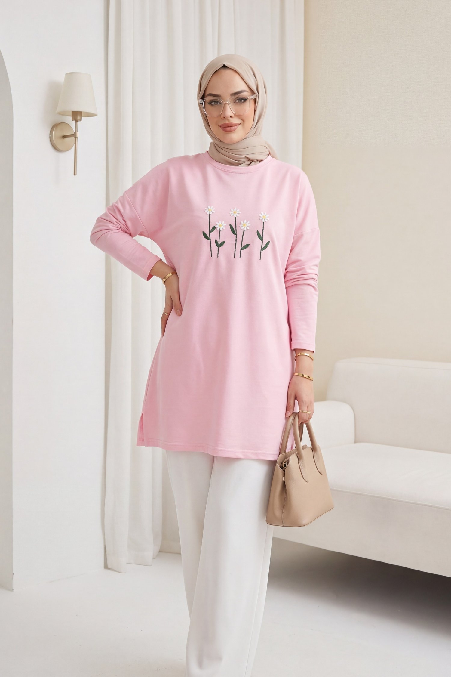 Papatya Nakışlı Yuvarlak Yaka Penye Tunik -Pembe