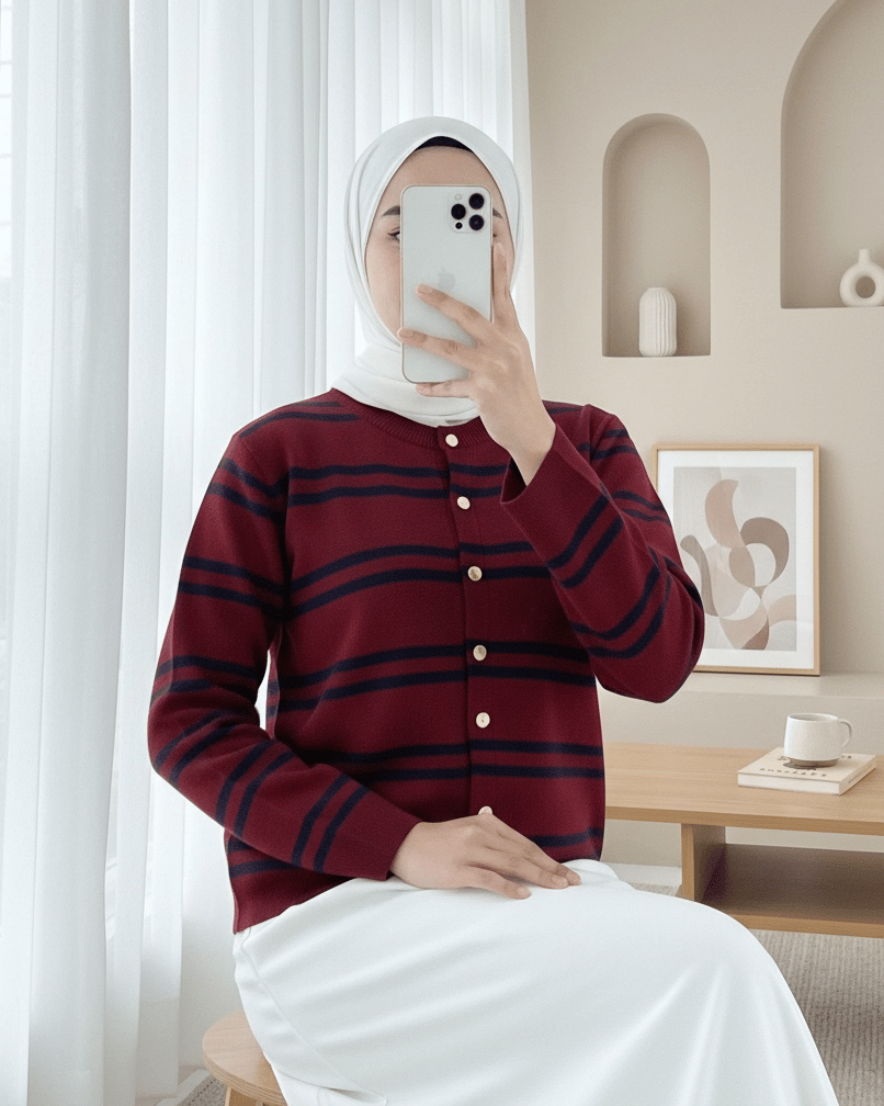 Parlak Düğmeli Çizgili Triko Hırka -Bordo