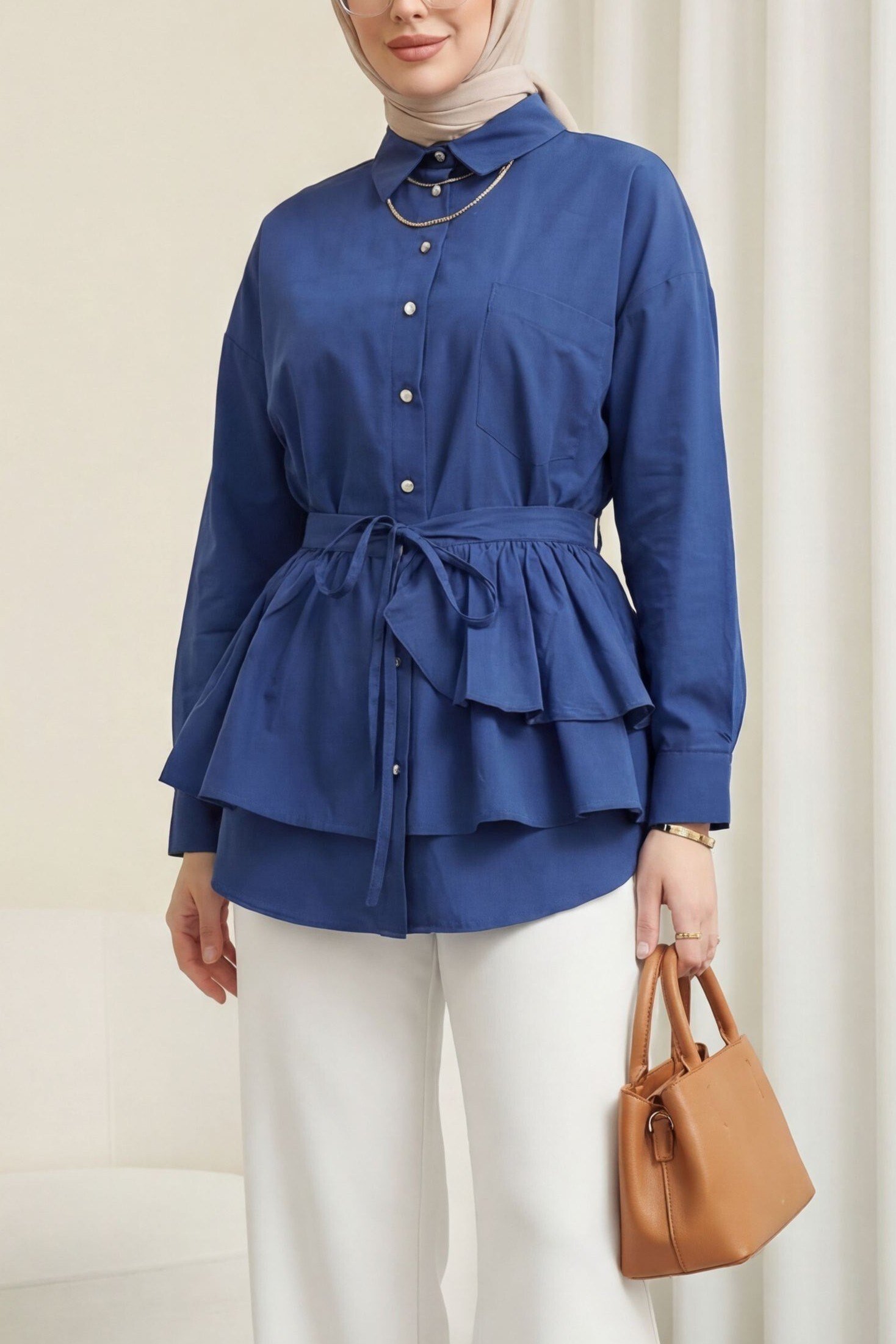 Pelerin Detaylı Düğmeli Oval Kesim Poplin Tunik -Laci