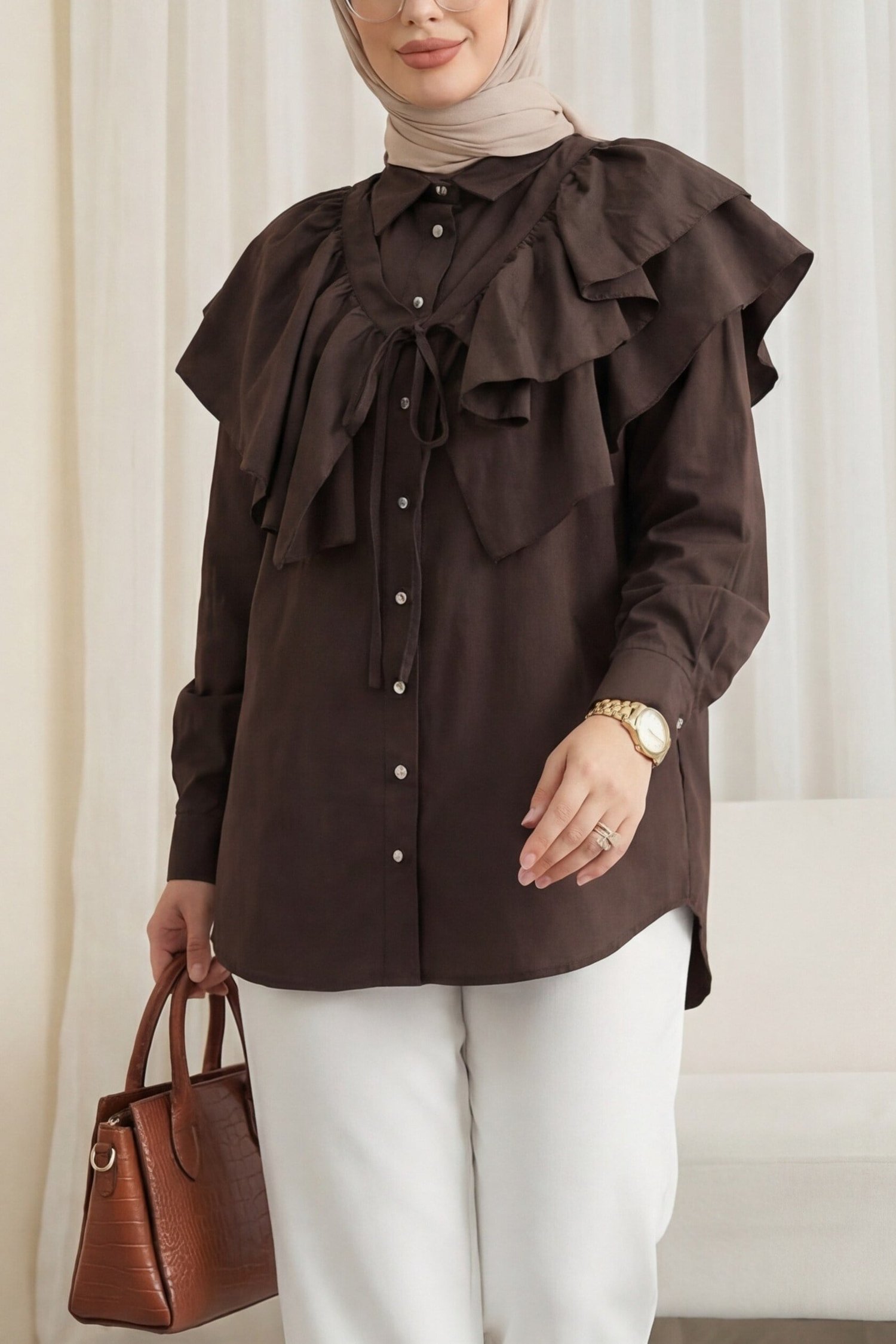 Pelerin Detaylı Düğmeli Oval Kesim Poplin Tunik -K. Kahve
