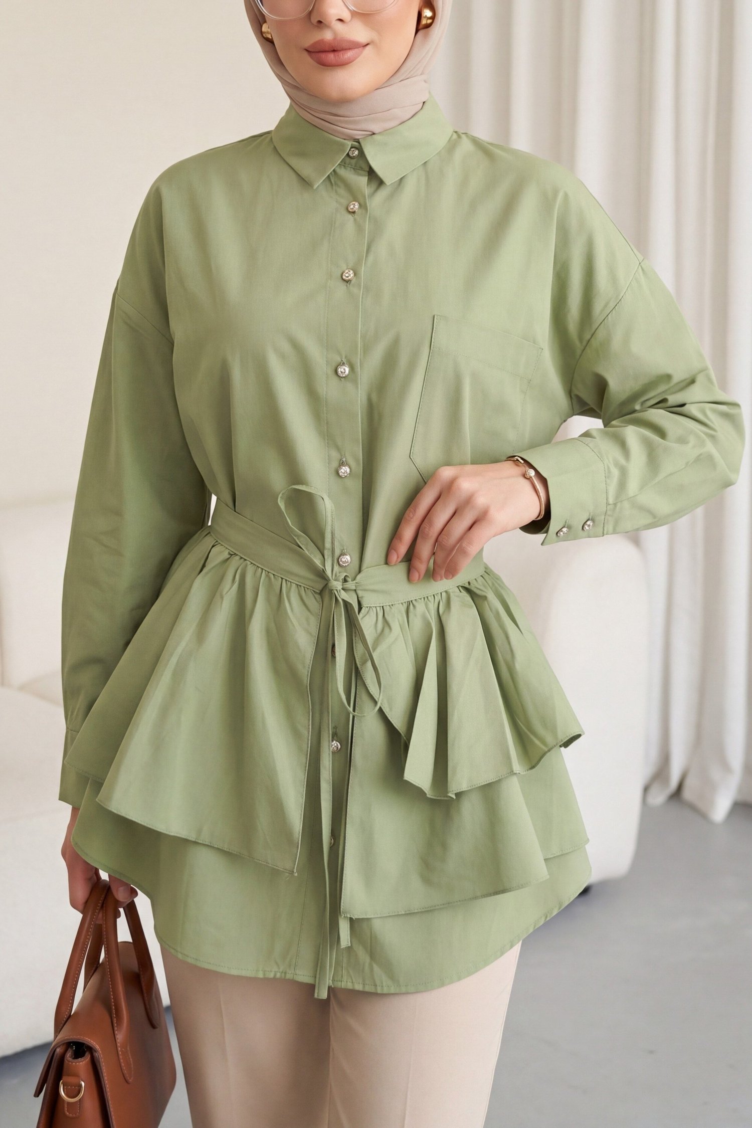 Pelerin Detaylı Düğmeli Oval Kesim Poplin Tunik -Çağla Y.