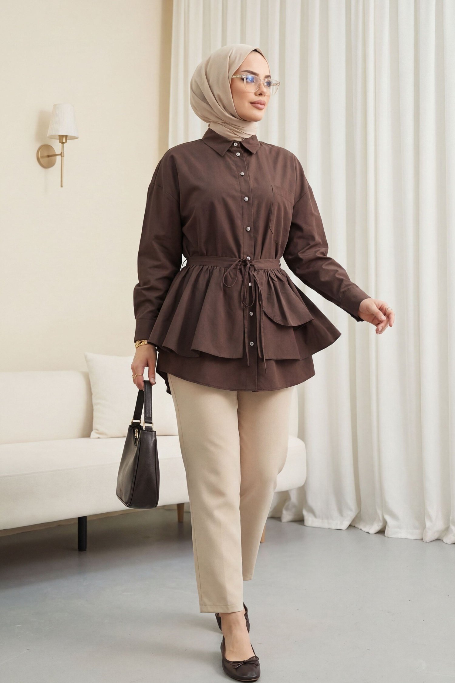 Pelerin Detaylı Düğmeli Oval Kesim Poplin Tunik -K. Kahve