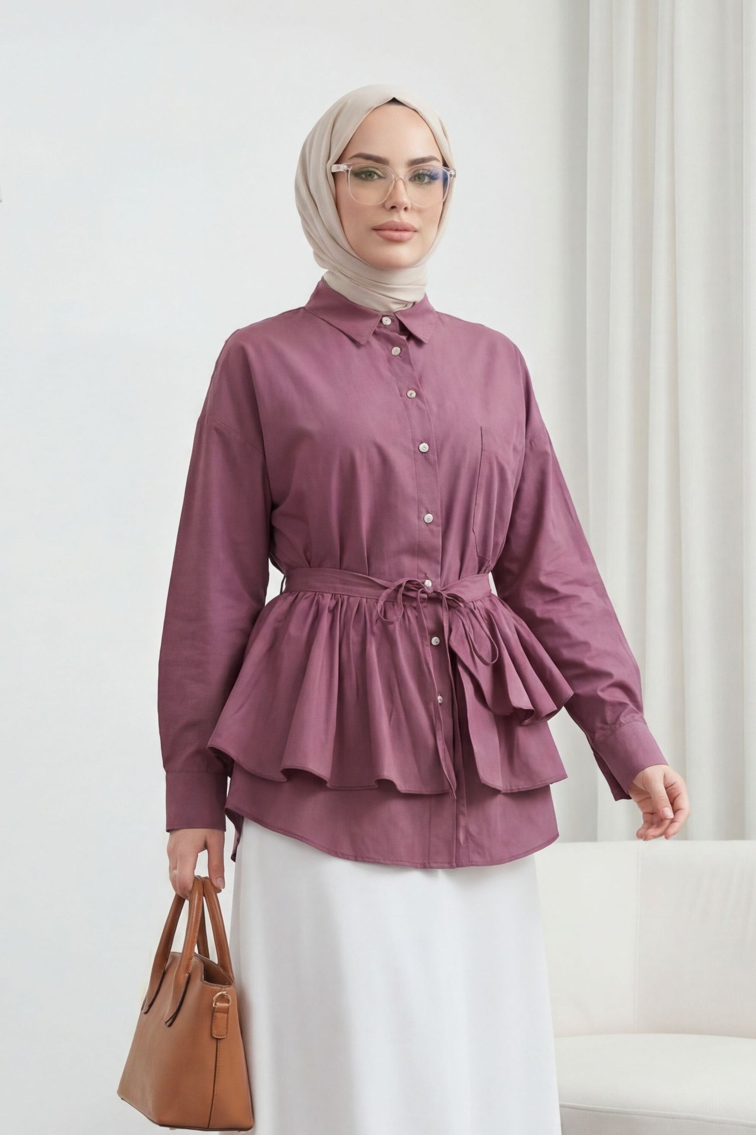 Pelerin Detaylı Düğmeli Oval Kesim Poplin Tunik -Vişne