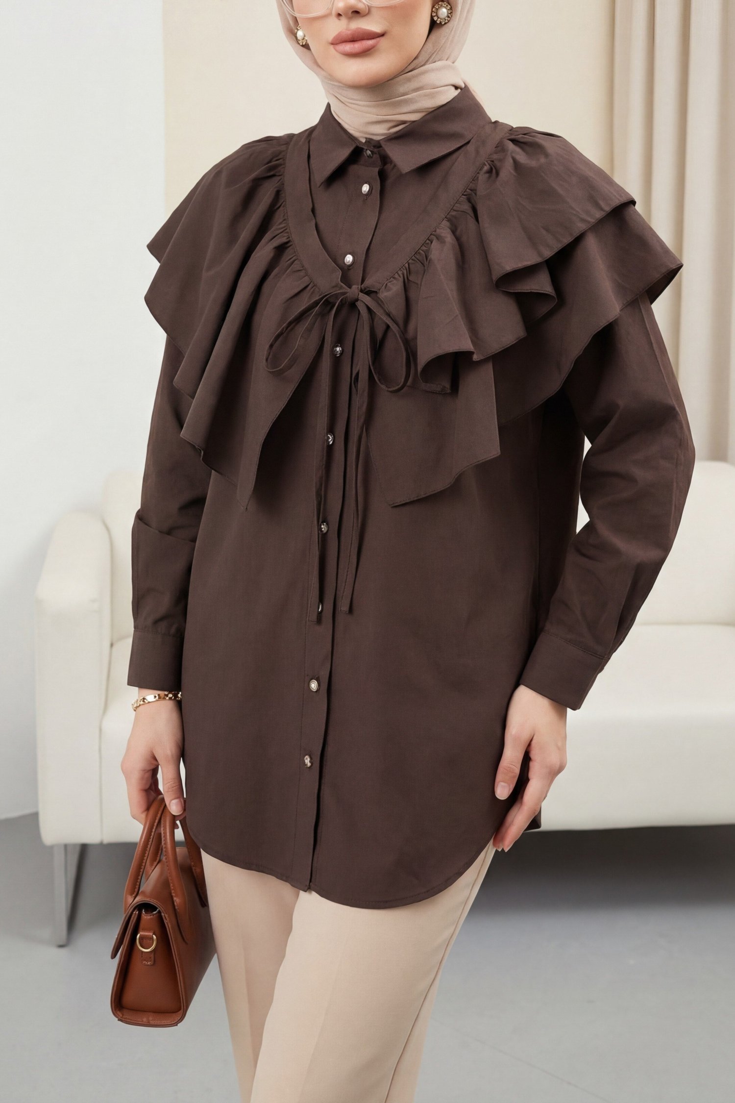 Pelerin Detaylı Düğmeli Oval Kesim Poplin Tunik -K. Kahve
