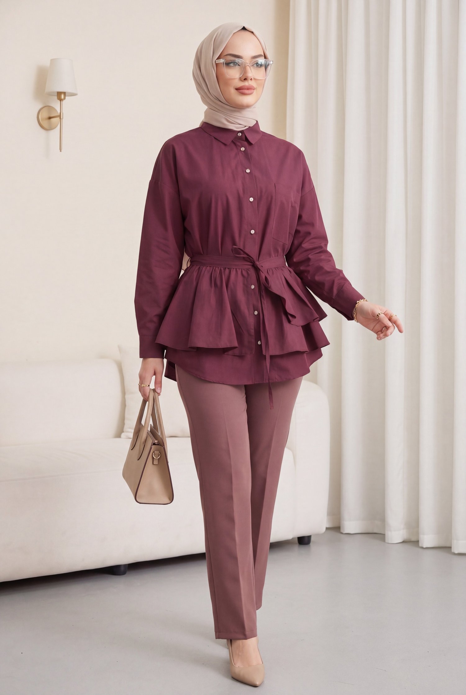 Pelerin Detaylı Düğmeli Oval Kesim Poplin Tunik -Mürdüm