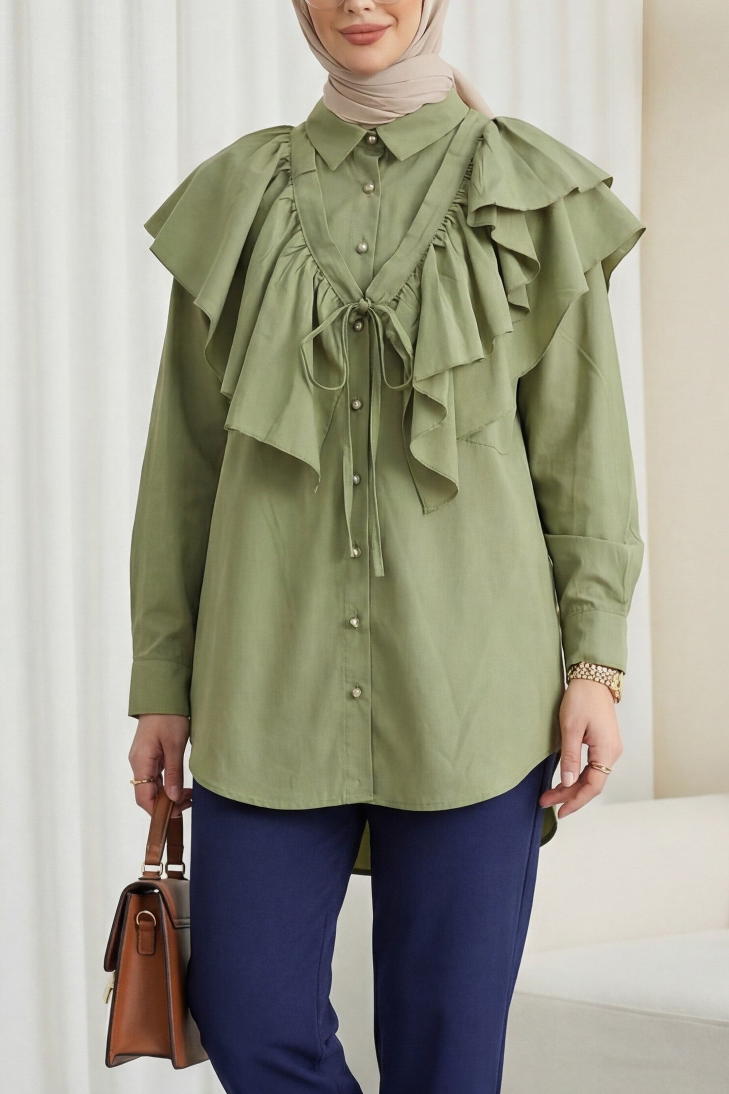 Pelerin Detaylı Düğmeli Oval Kesim Poplin Tunik -Çağla Y.