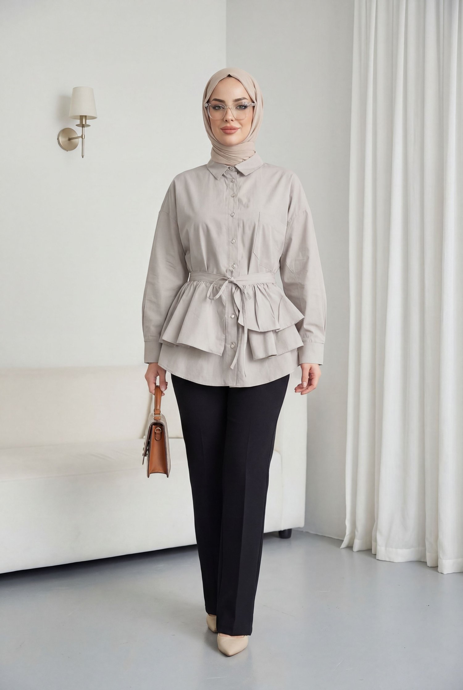 Pelerin Detaylı Düğmeli Oval Kesim Poplin Tunik -Taş rengi