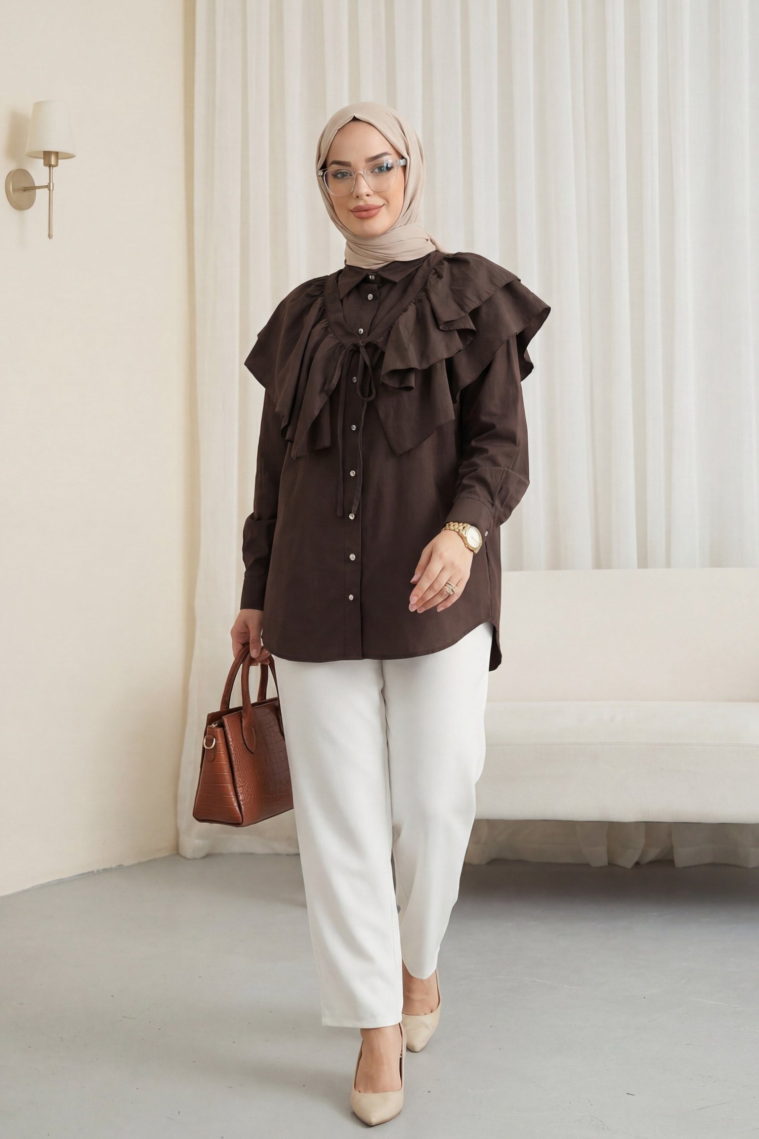 Pelerin Detaylı Düğmeli Oval Kesim Poplin Tunik -K. Kahve