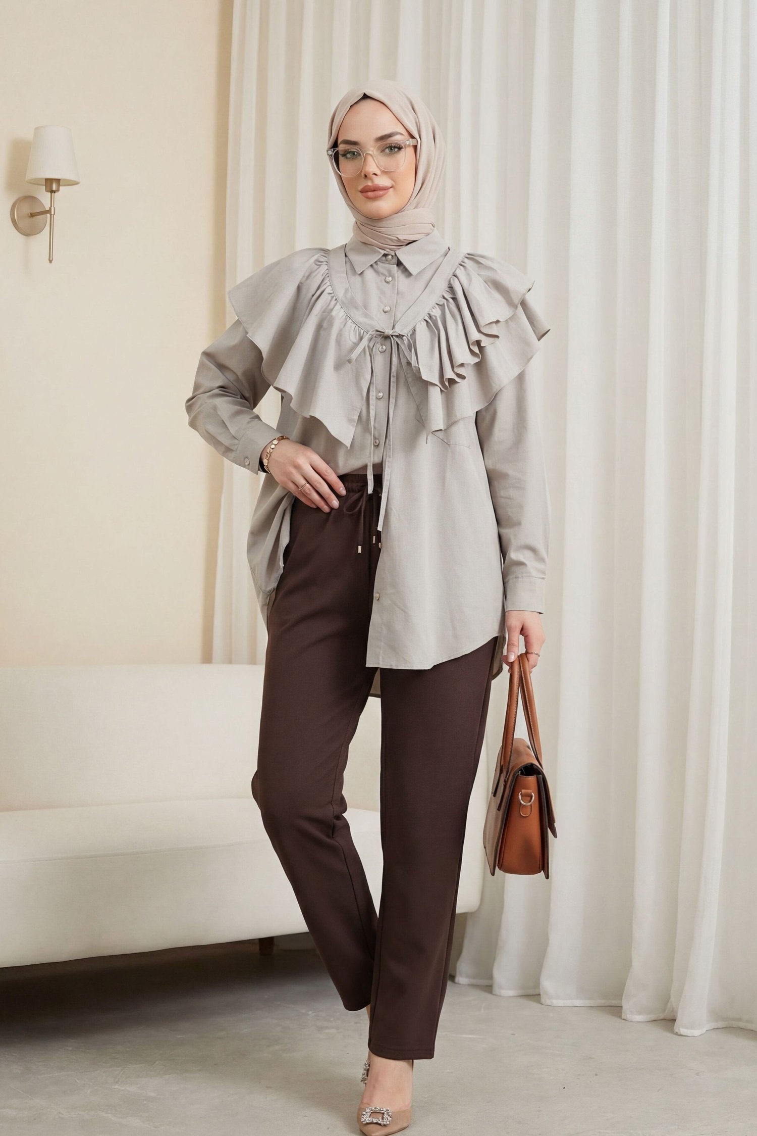 Pelerin Detaylı Düğmeli Oval Kesim Poplin Tunik -Taş rengi