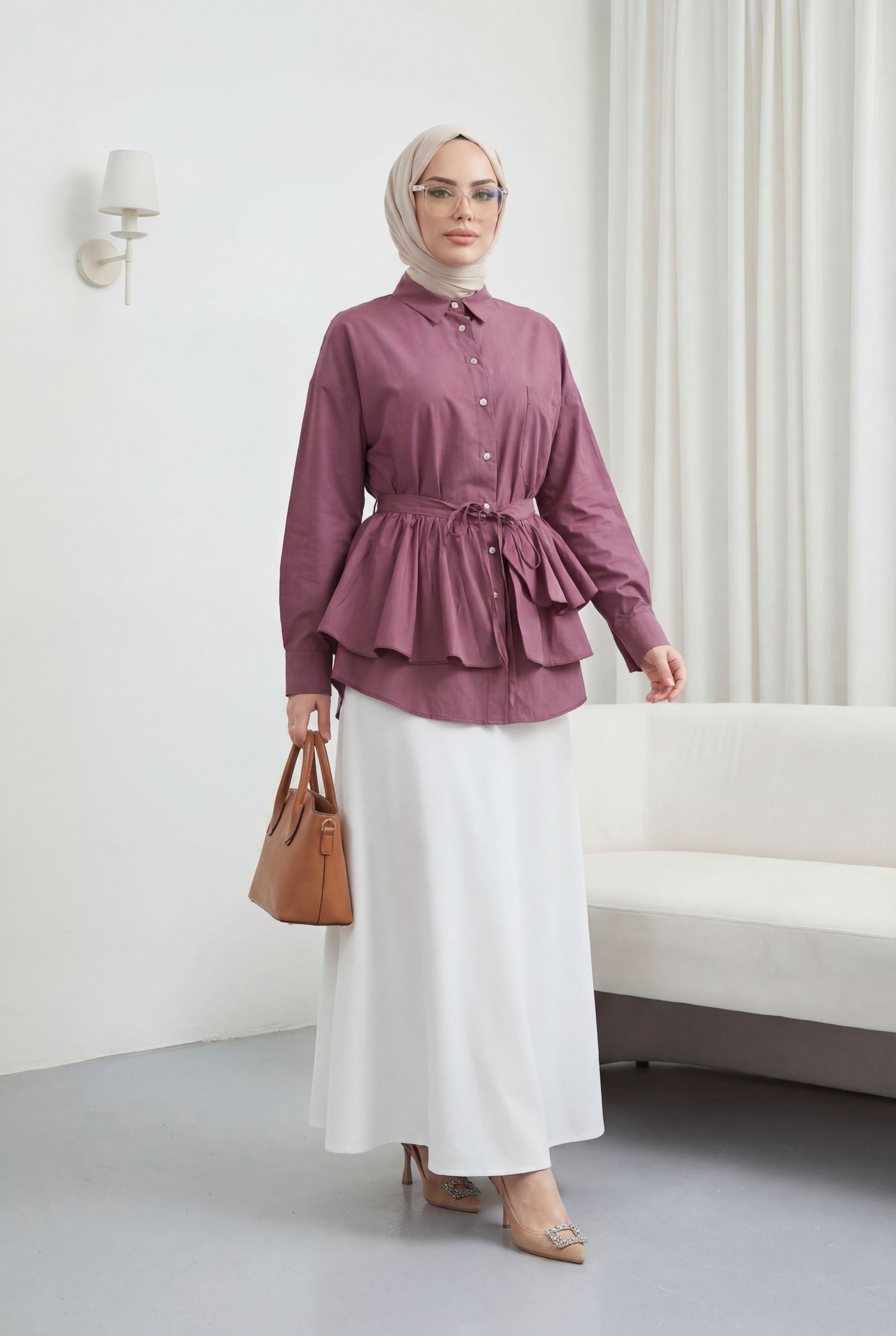 Pelerin Detaylı Düğmeli Oval Kesim Poplin Tunik -Vişne