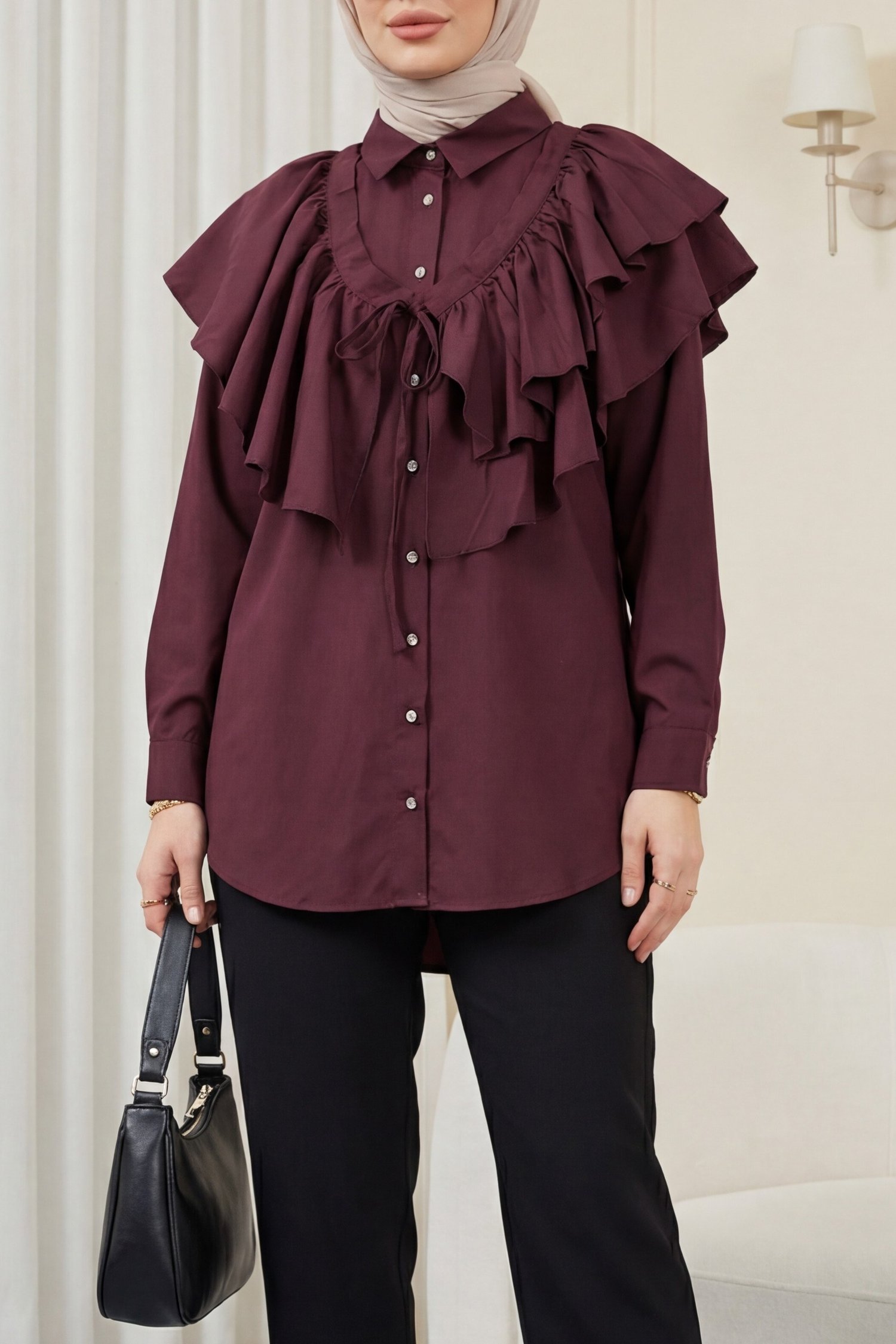 Pelerin Detaylı Düğmeli Oval Kesim Poplin Tunik -Mürdüm