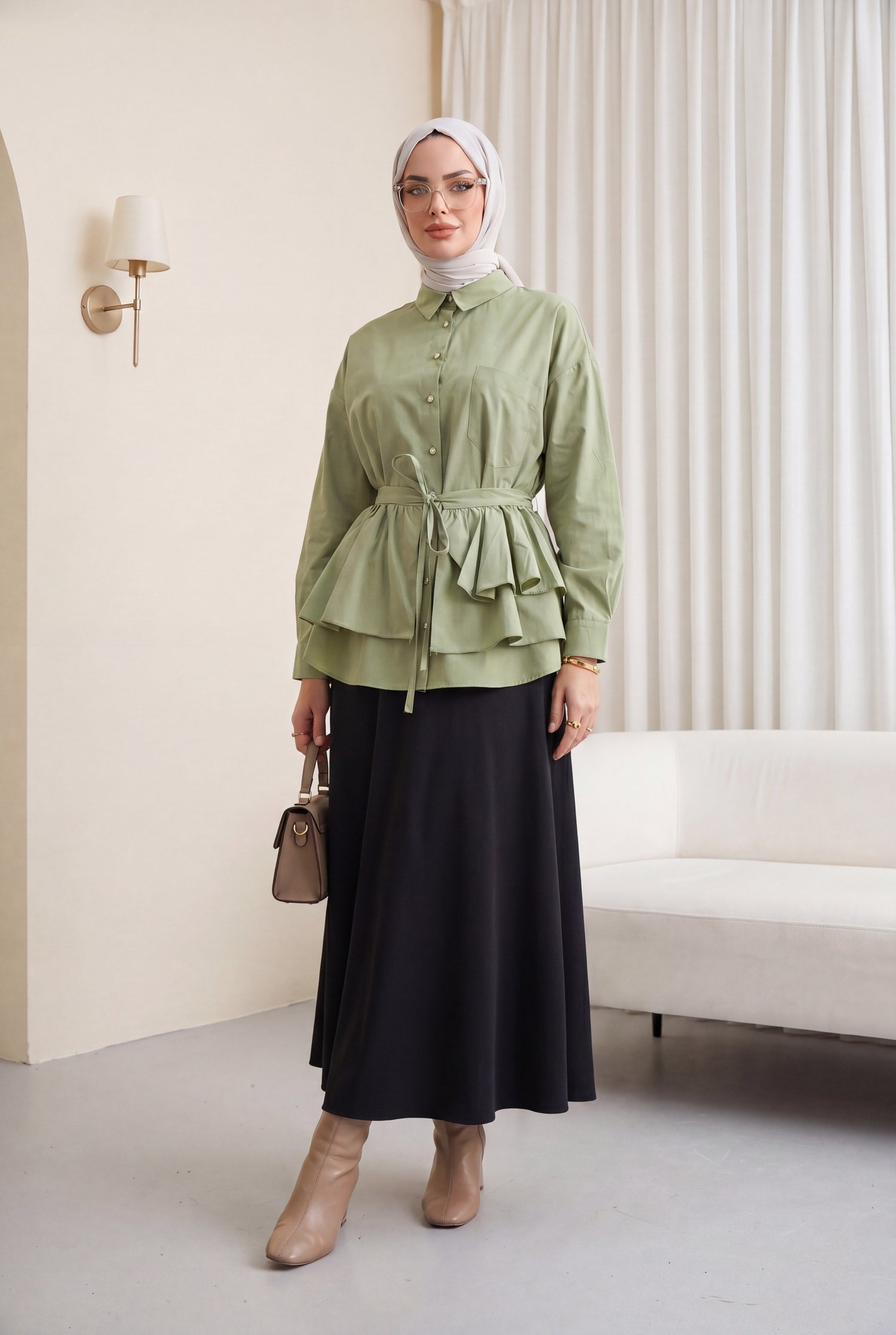 Pelerin Detaylı Düğmeli Oval Kesim Poplin Tunik -Çağla Y.