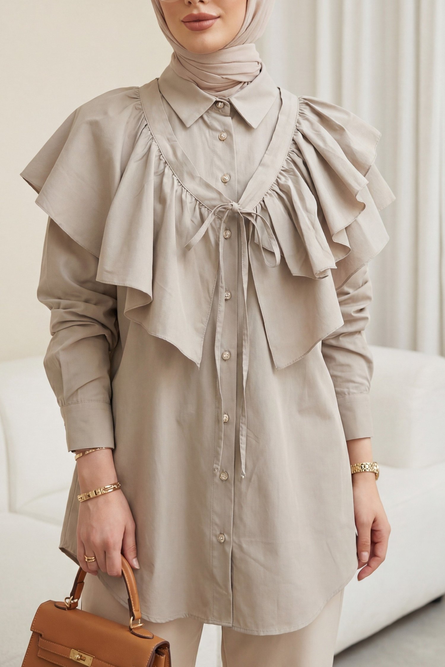 Pelerin Detaylı Düğmeli Oval Kesim Poplin Tunik -Taş rengi