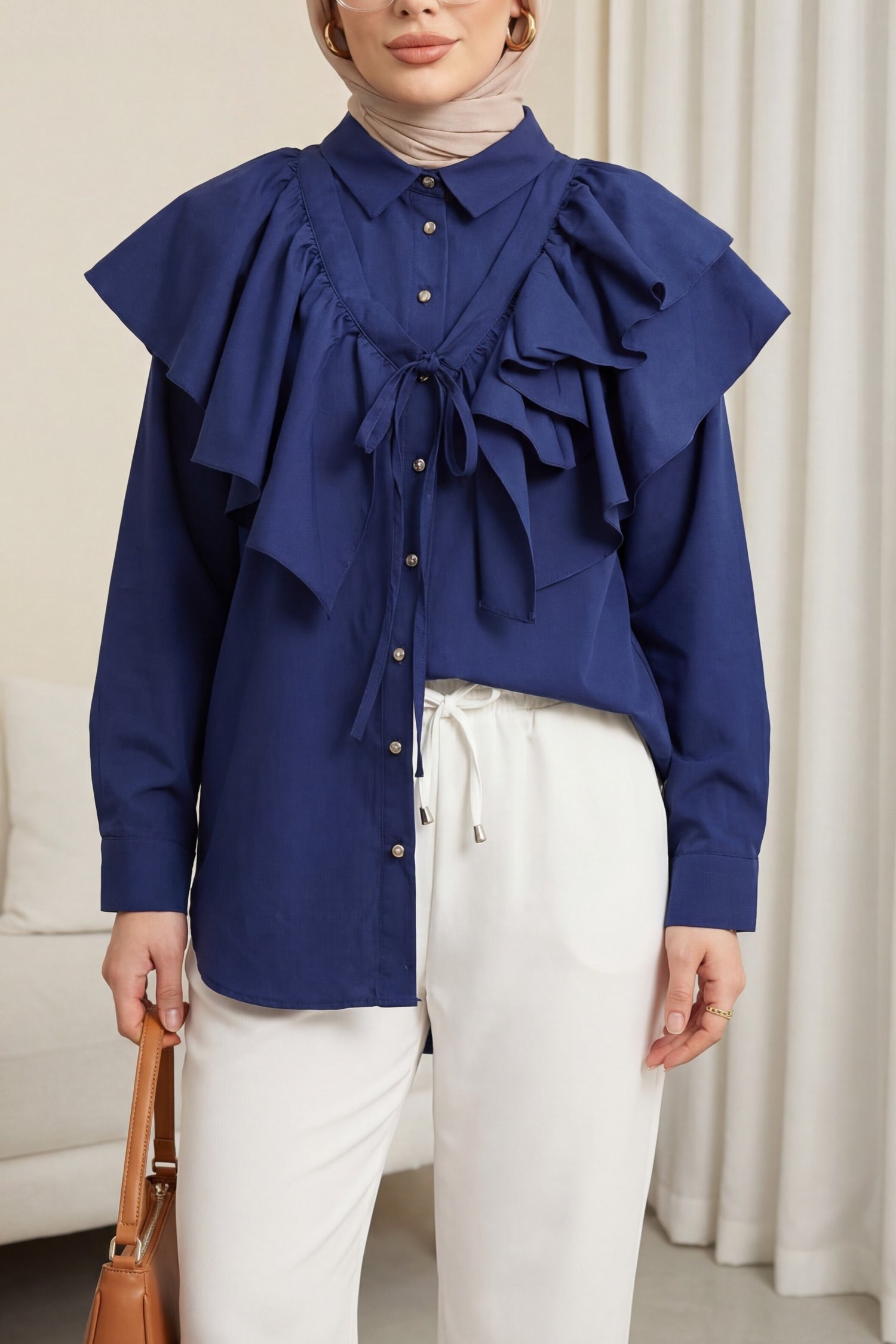 Pelerin Detaylı Düğmeli Oval Kesim Poplin Tunik -Laci