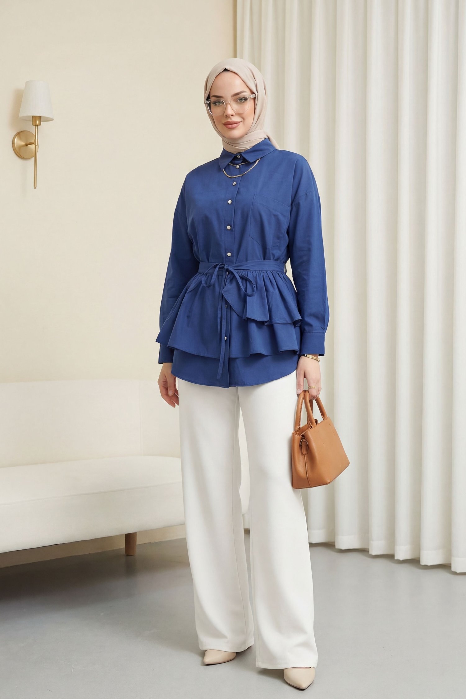 Pelerin Detaylı Düğmeli Oval Kesim Poplin Tunik -Laci