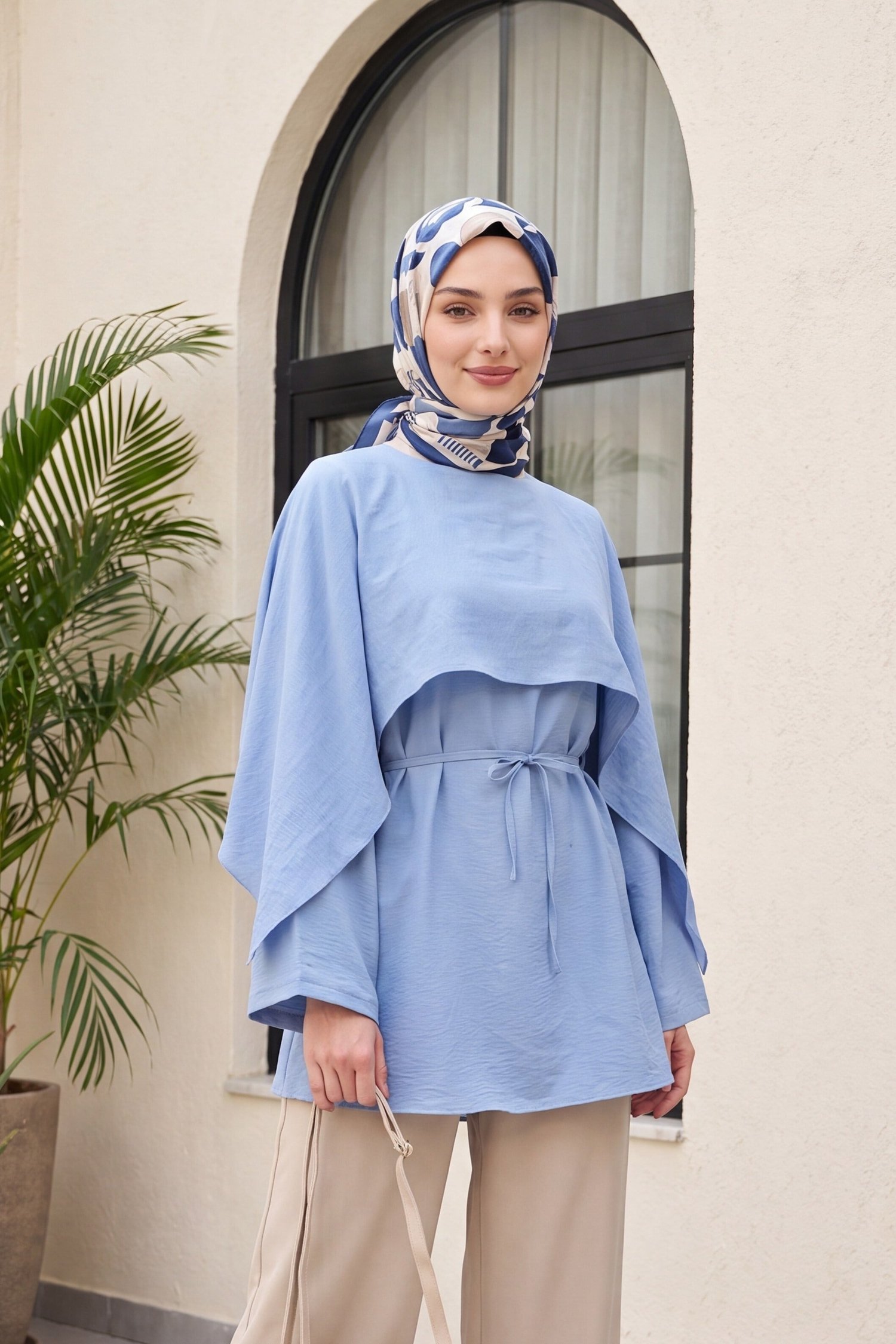 Pelerin Detaylı Kemerli Vual Tunik -Bebe Mavi