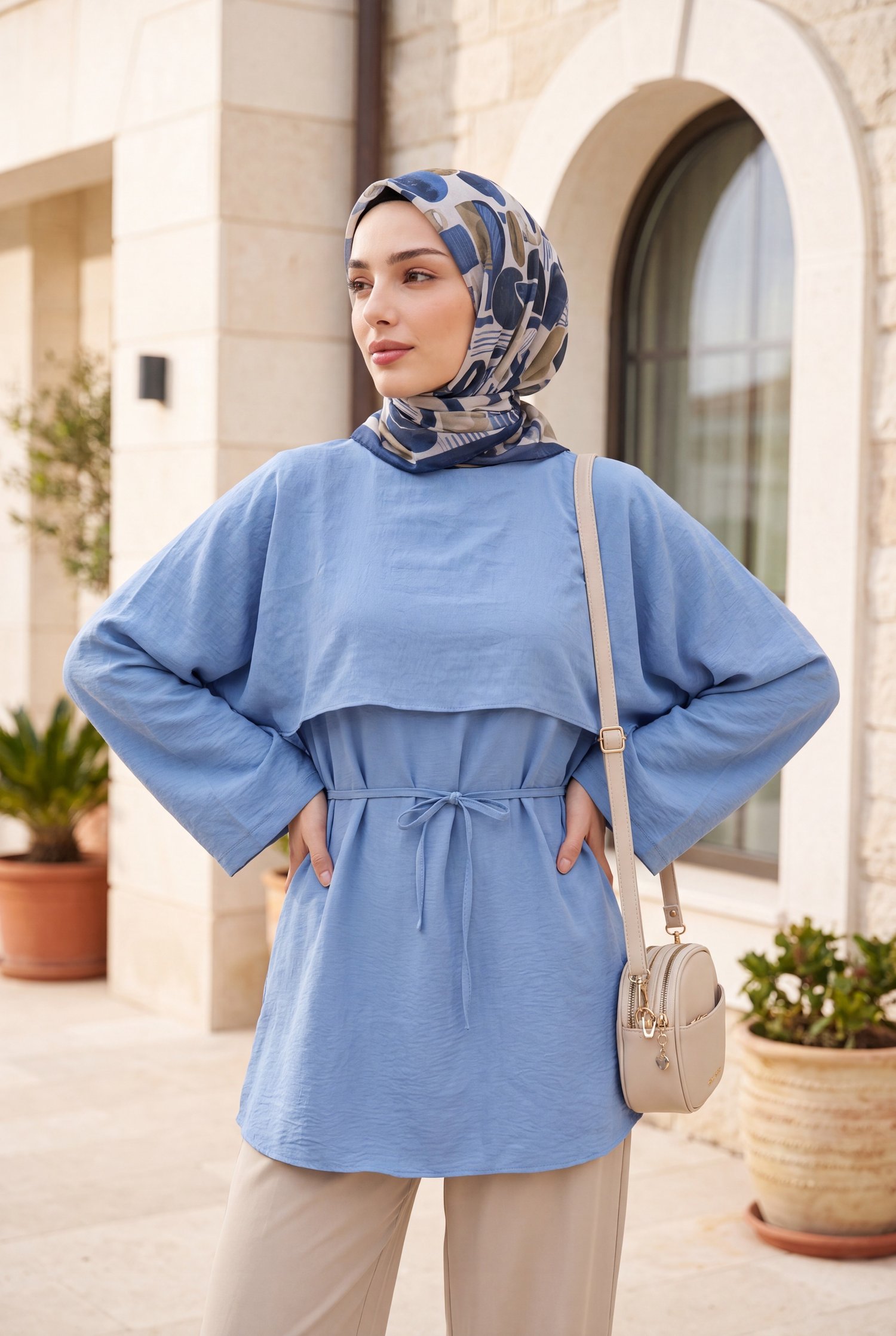 Pelerin Detaylı Kemerli Vual Tunik -Bebe Mavi