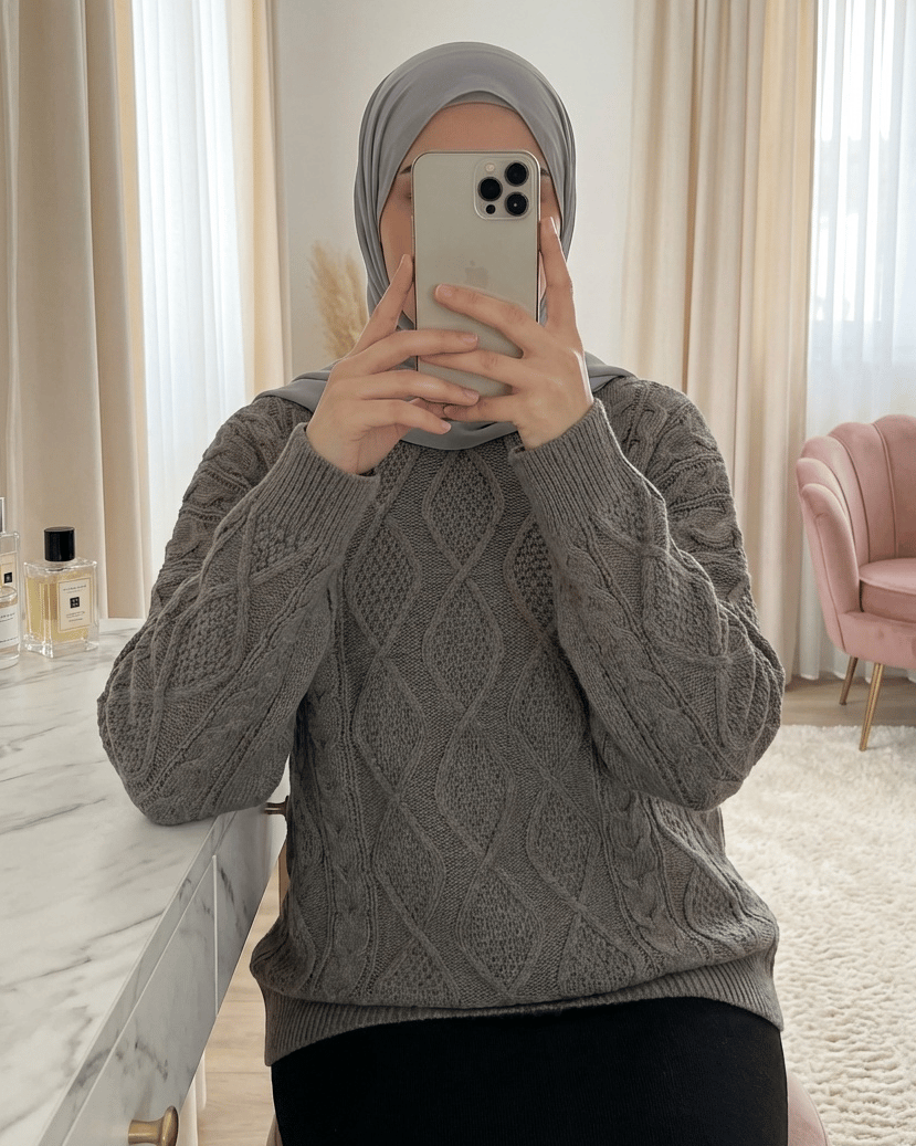 Petek Desen Kışlık Salaş Triko Kazak             -Toprak