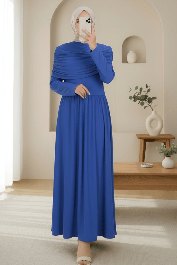 Pile Detaylı Uzun Sandy Elbise -Saks