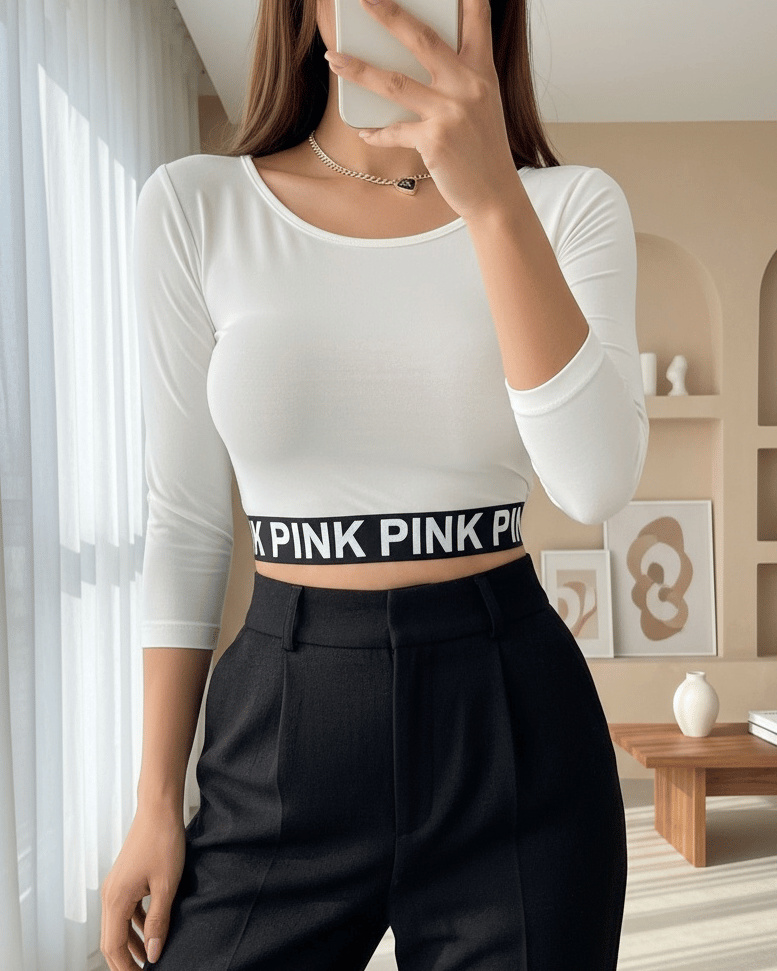 Pink Yazılı Fakir Kol Lastikli Crop -Ekru