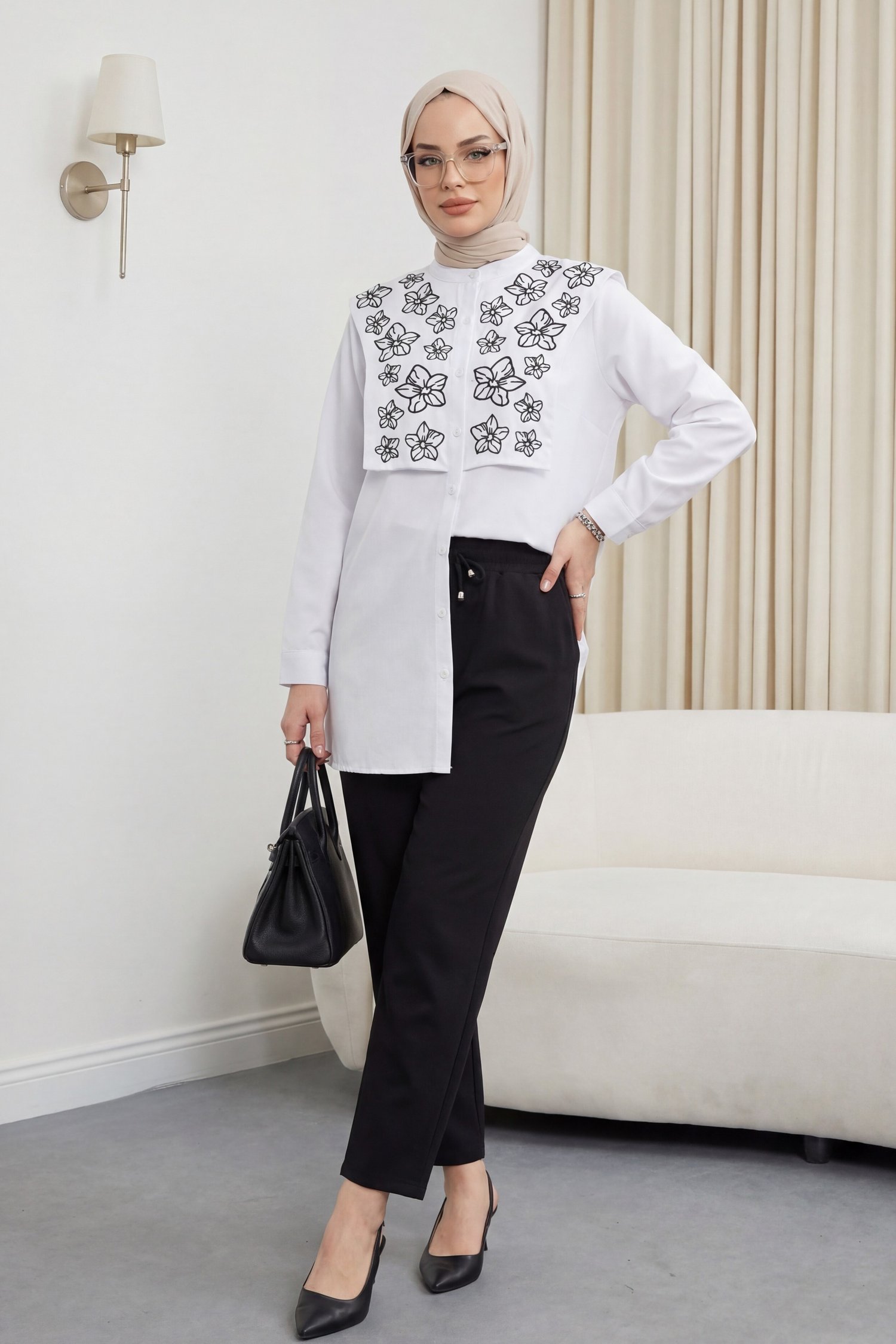 Plastron Detaylı Nakışlı Poplin Gömlek -Beyaz