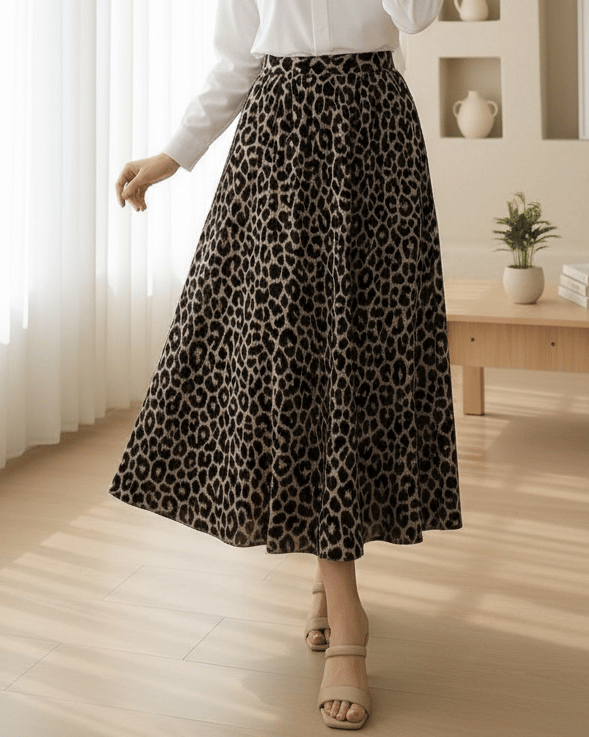 Pliseli Soft Balon Leopar Etek -Siyah
