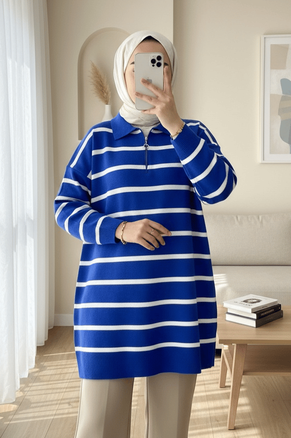 Polo Yaka Fermuarlı Triko Tunik -Saks