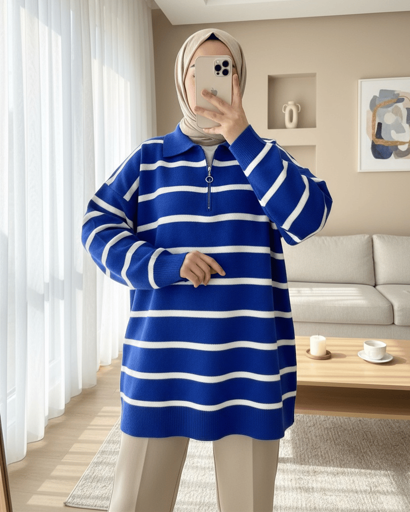 Polo Yaka Fermuarlı Triko Tunik -Saks