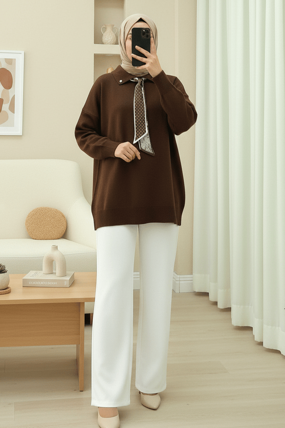 Polo Yaka Fularlı Yırtmaçlı Salaş Triko Tunik  -Kahve