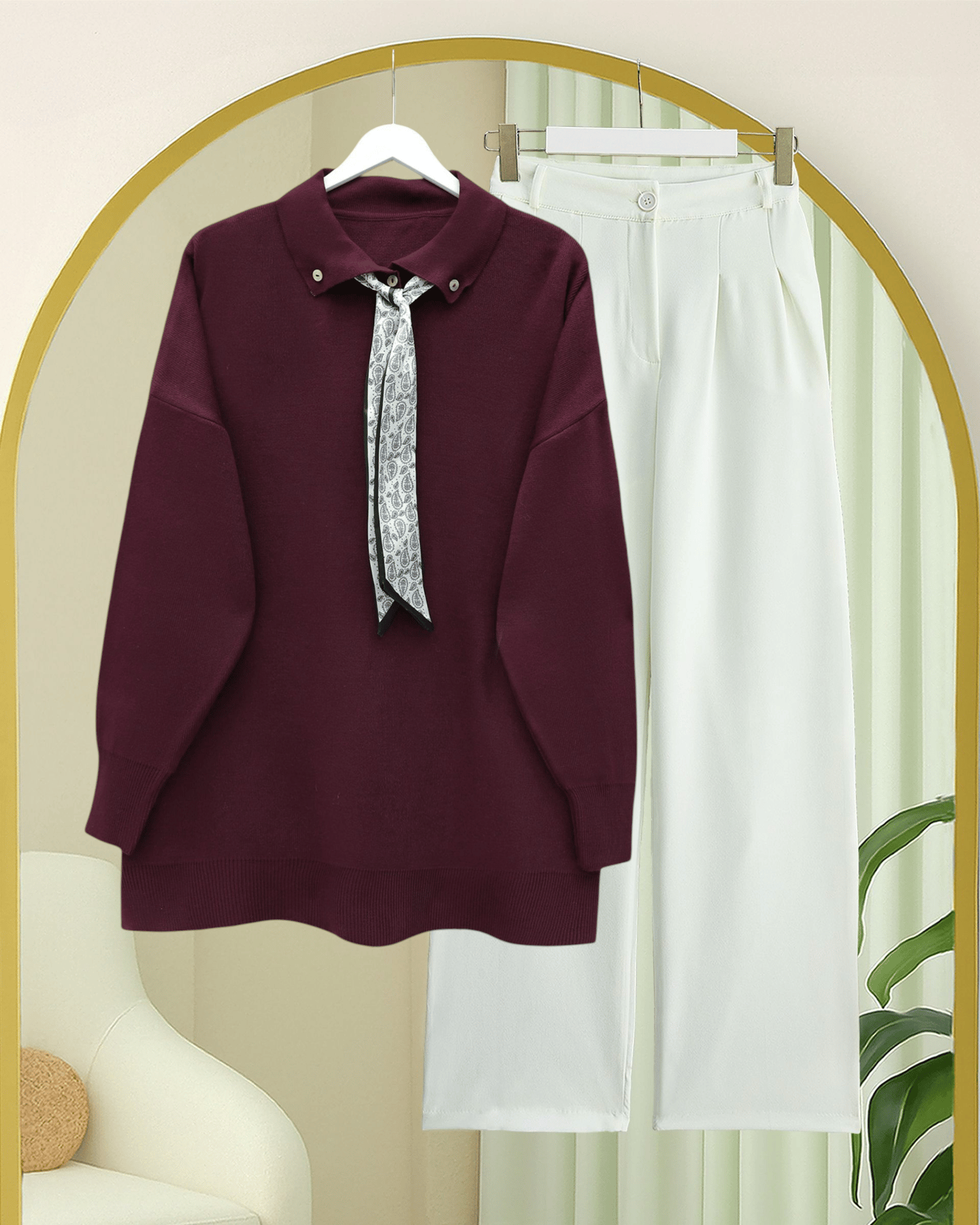 Polo Yaka Fularlı Yırtmaçlı Salaş Triko Tunik  -Bordo