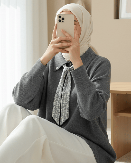 Polo Yaka Fularlı Yırtmaçlı Salaş Triko Tunik  -Füme