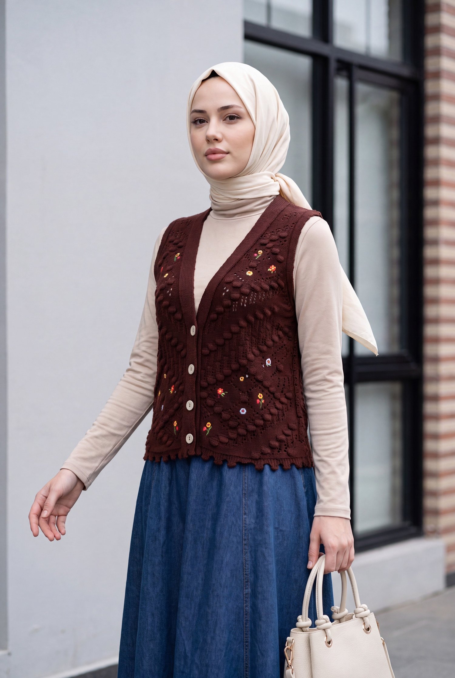Ponponlu Çiçek Nakışlı Ajurlu Triko Yelek -Bordo