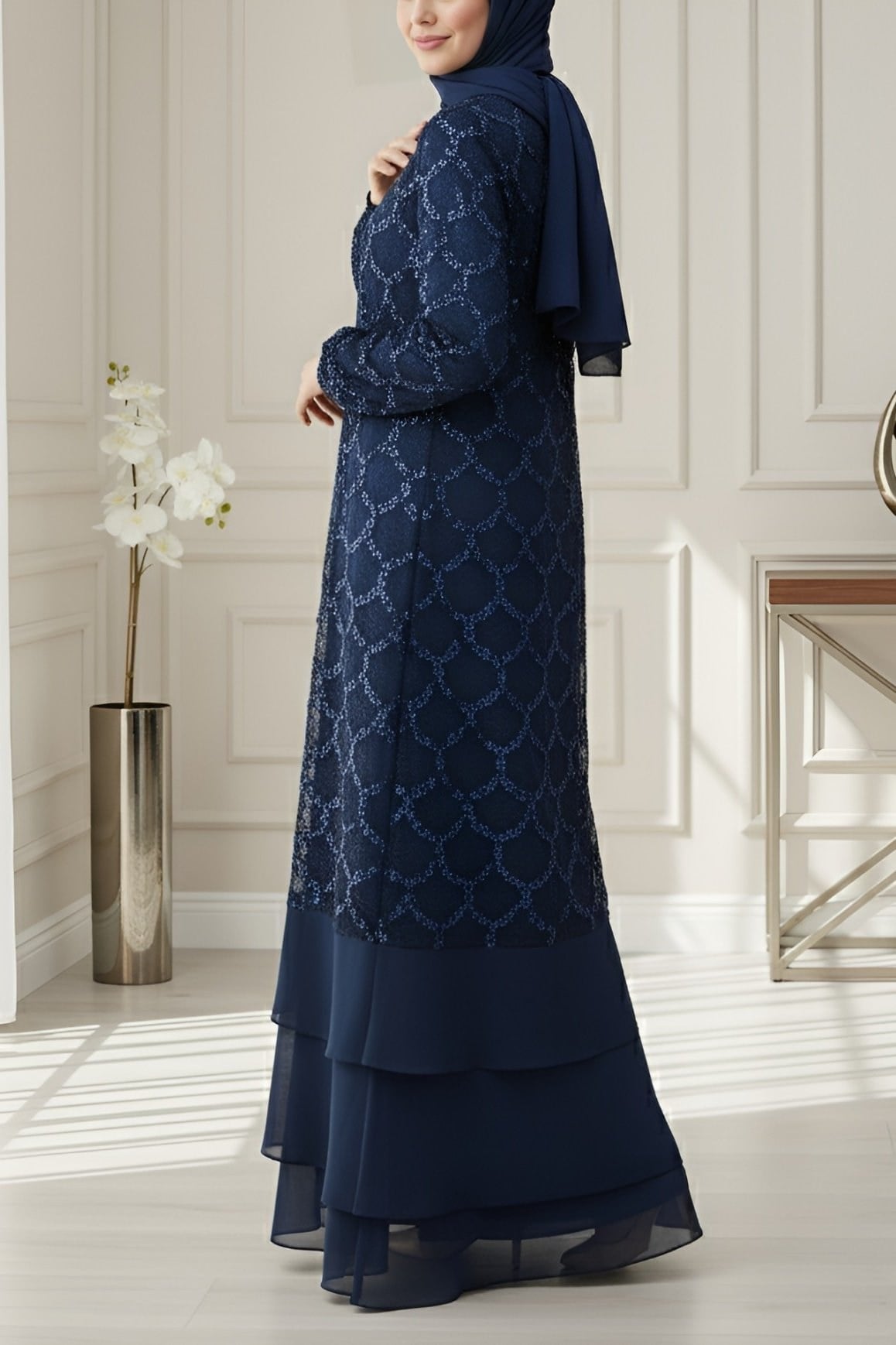 Pul Payetli Eteği Katlı Kemerli İkili Abaya -Laci