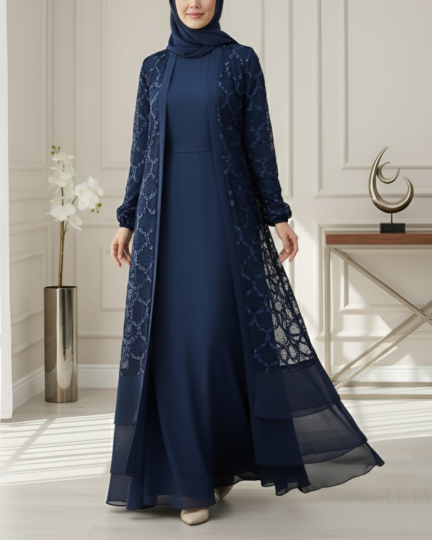 Pul Payetli Eteği Katlı Kemerli İkili Abaya -Laci