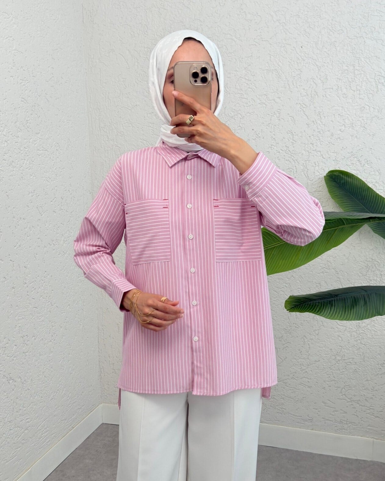 Puntalı Çizgili Gömlek -Pembe